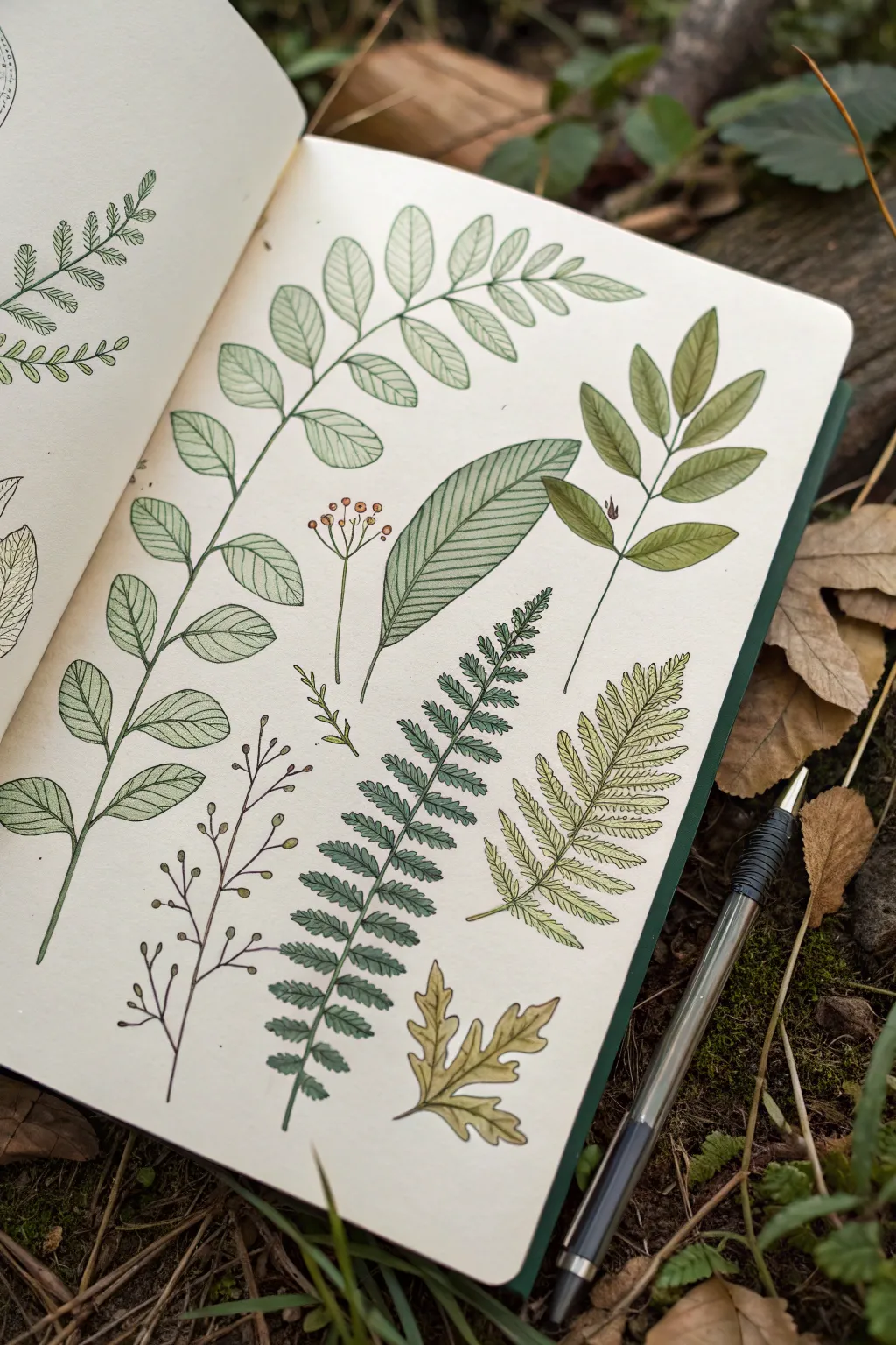 Minimalist leaf doodle page with botanical sprigs and berries in a soft Scandinavian boho style.