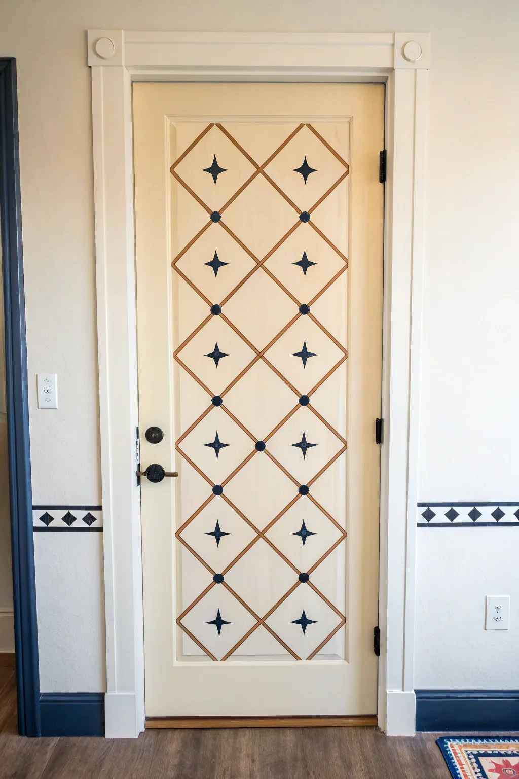 Clean geometric stencils turn a plain door into modern art with crisp, tape-sharp lines.