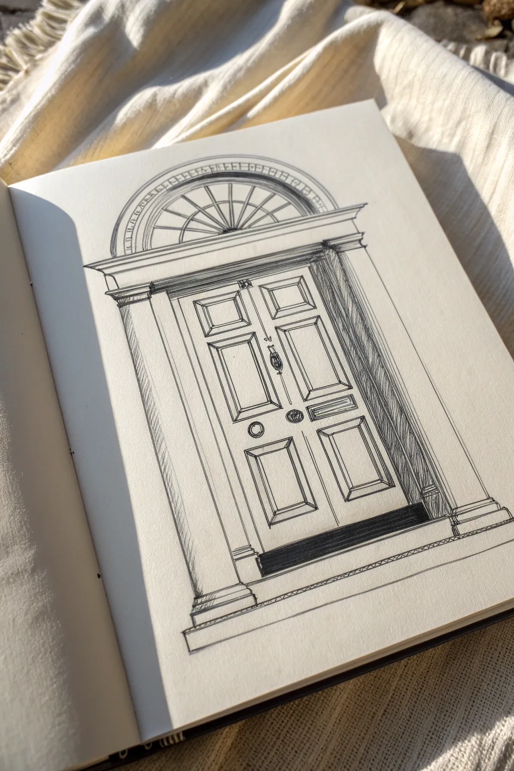 Minimal graphite townhouse door with semicircle fanlight, slim sidelights, and crisp contrast