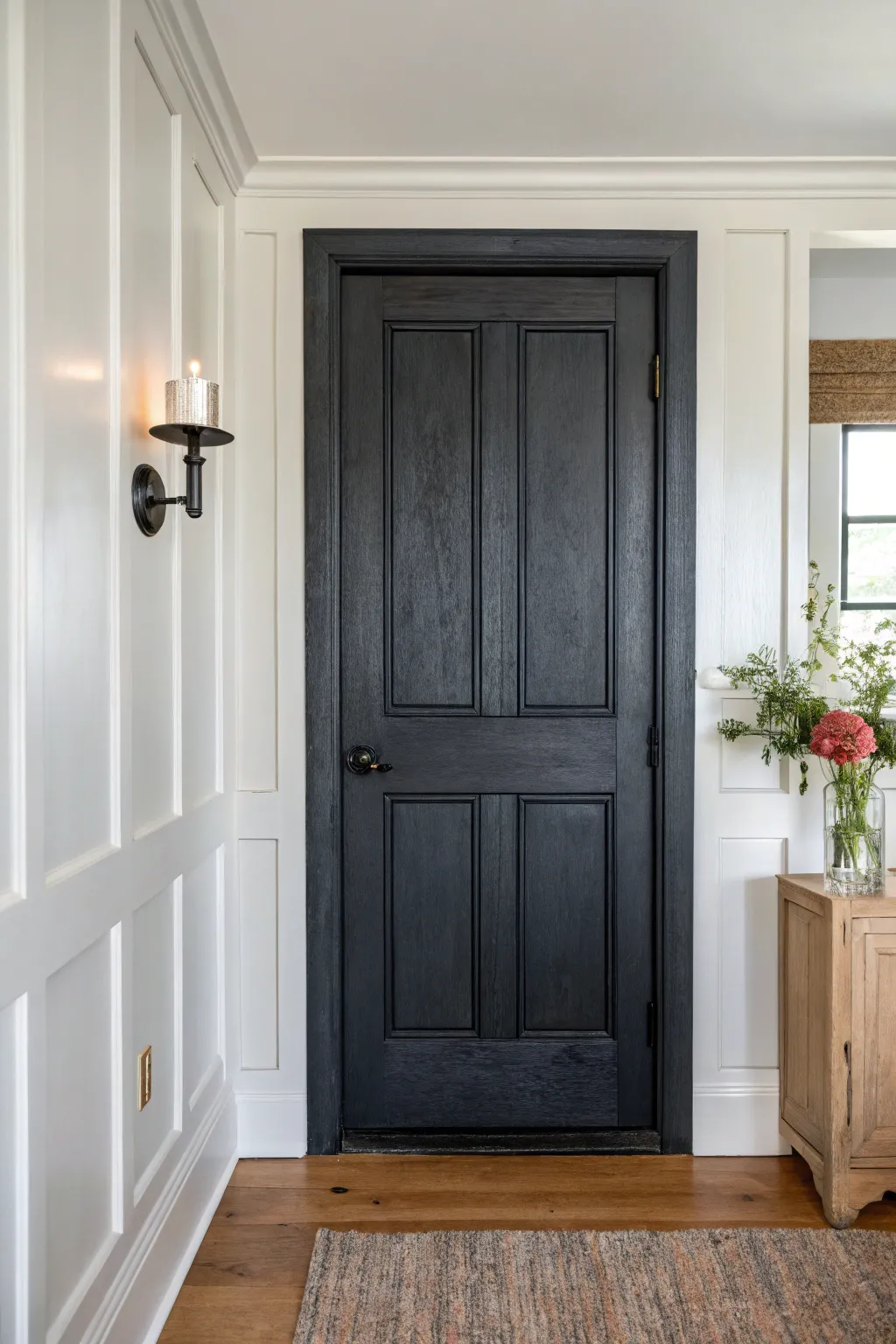 A deep charcoal door against pale trim adds instant drama with cozy Scandinavian calm