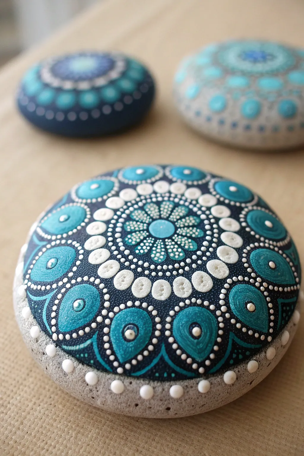 Blue and white mandala dot rock painting with a minimalist setup and a blank stone nearby