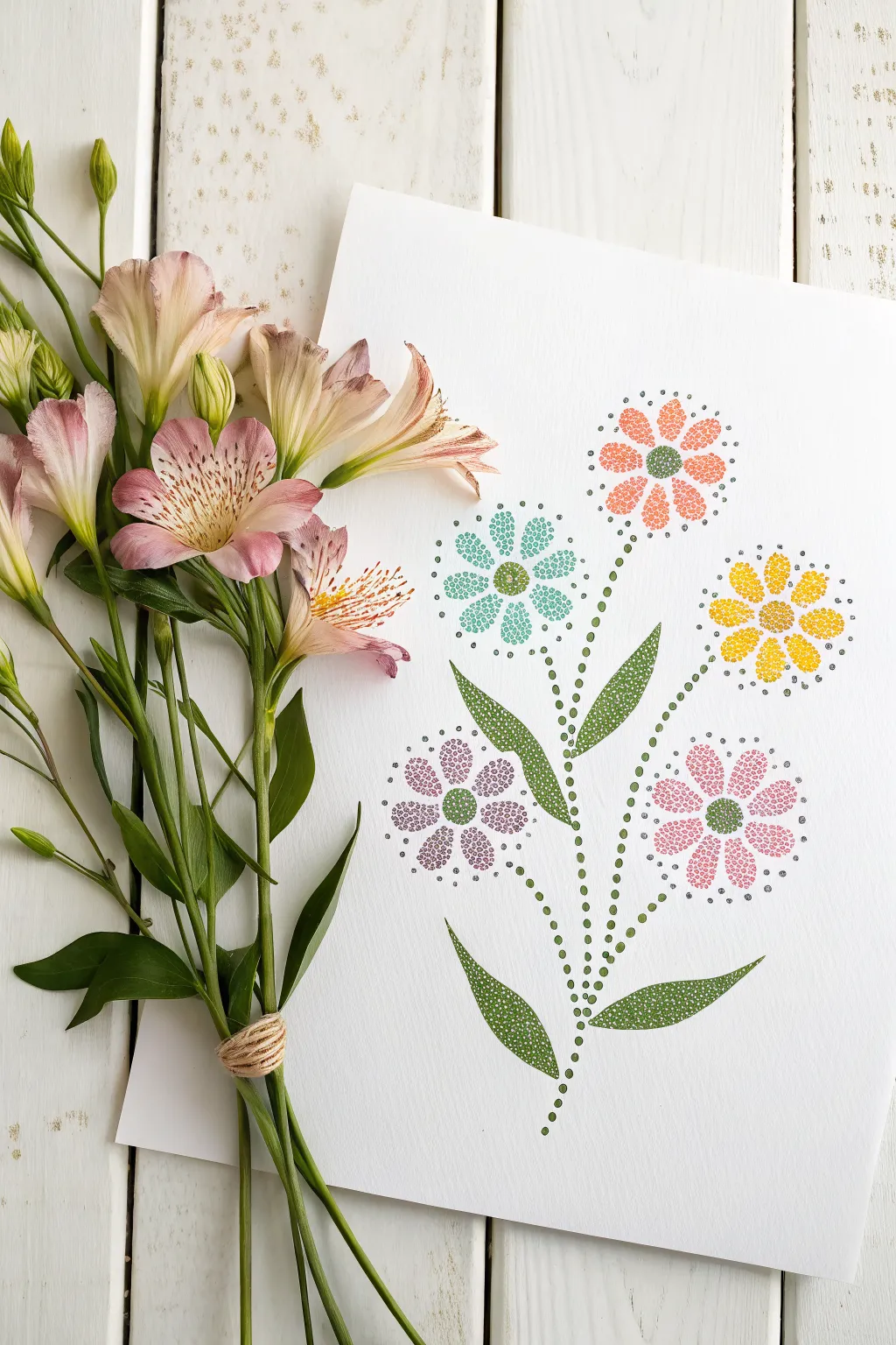 Springy dot bouquet flowers made of bright clustered dots, perfect easy kid art project