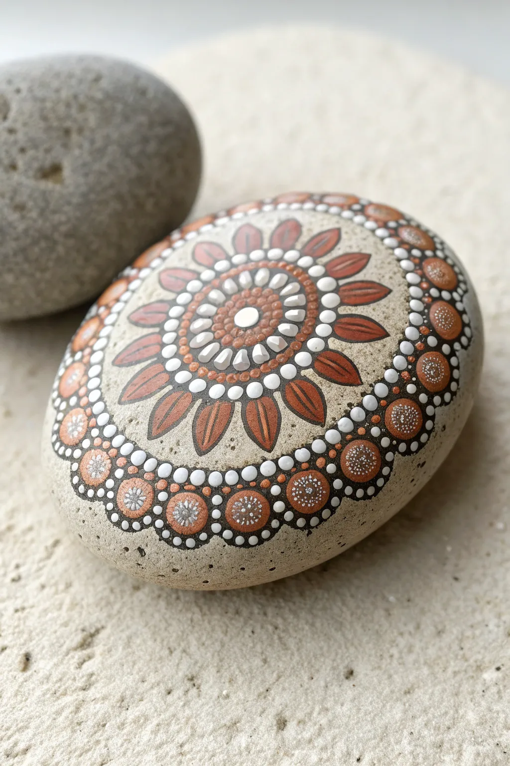 Minimal half-mandala dot border on a smooth rock, with clean negative space and earthy tones