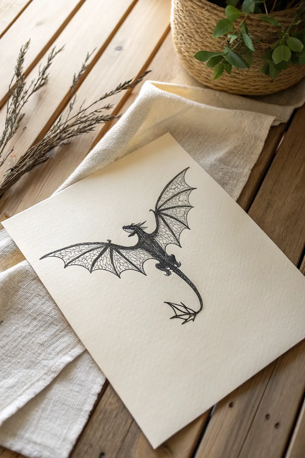 Simple S-curve flying dragon sketch: clean wings, spiky tail, bold lines on light paper