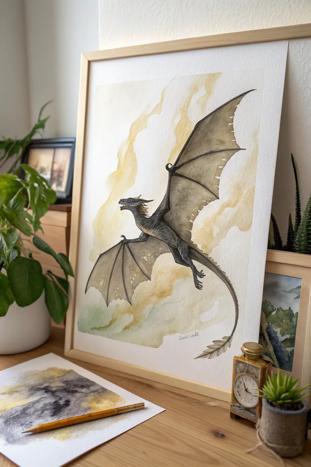 Minimalist watercolor dragon in flight, wide wings and glowing highlights for bold motion.