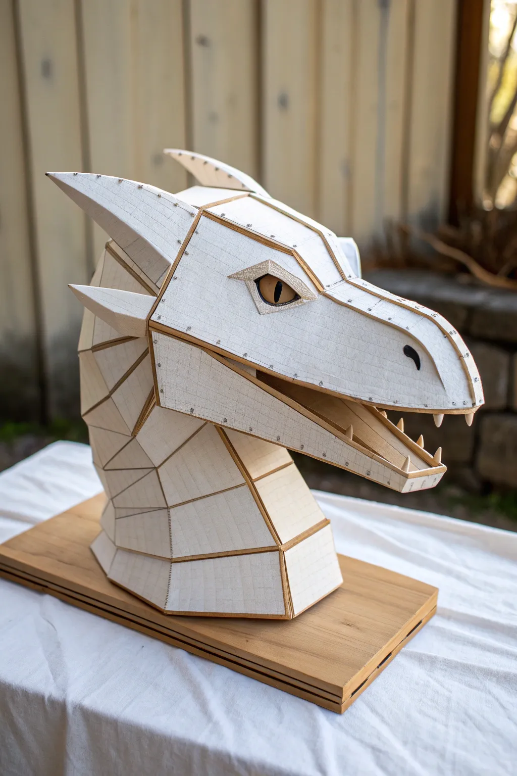 Boxy dragon head shell slid onto the jaw base, ready for paint and handmade details.