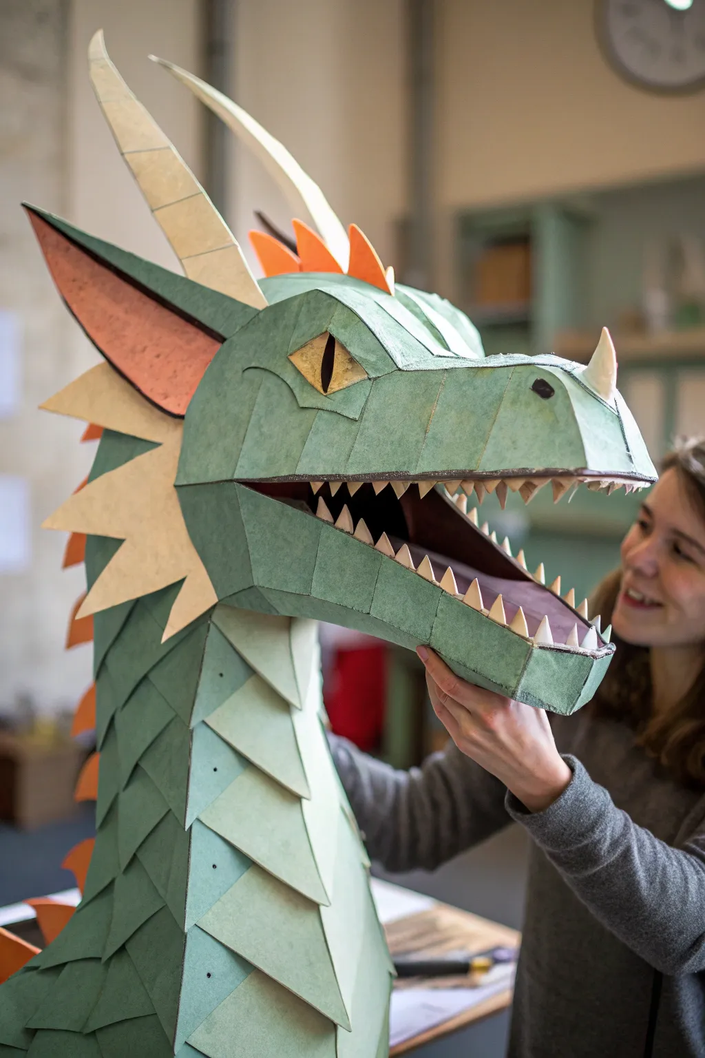 Cardstock dragon head puppet with finger tabs, simple Scandinavian craft with a boho touch.