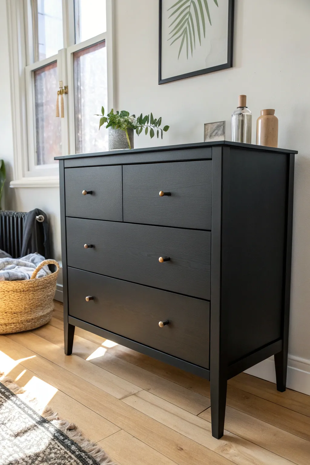 Matte black dresser with clean lines and soft highlights for a modern drawer makeover.