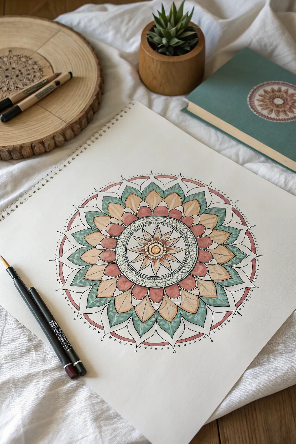 Simple mandala circle in a Scandinavian palette with bright pops for easy coloring