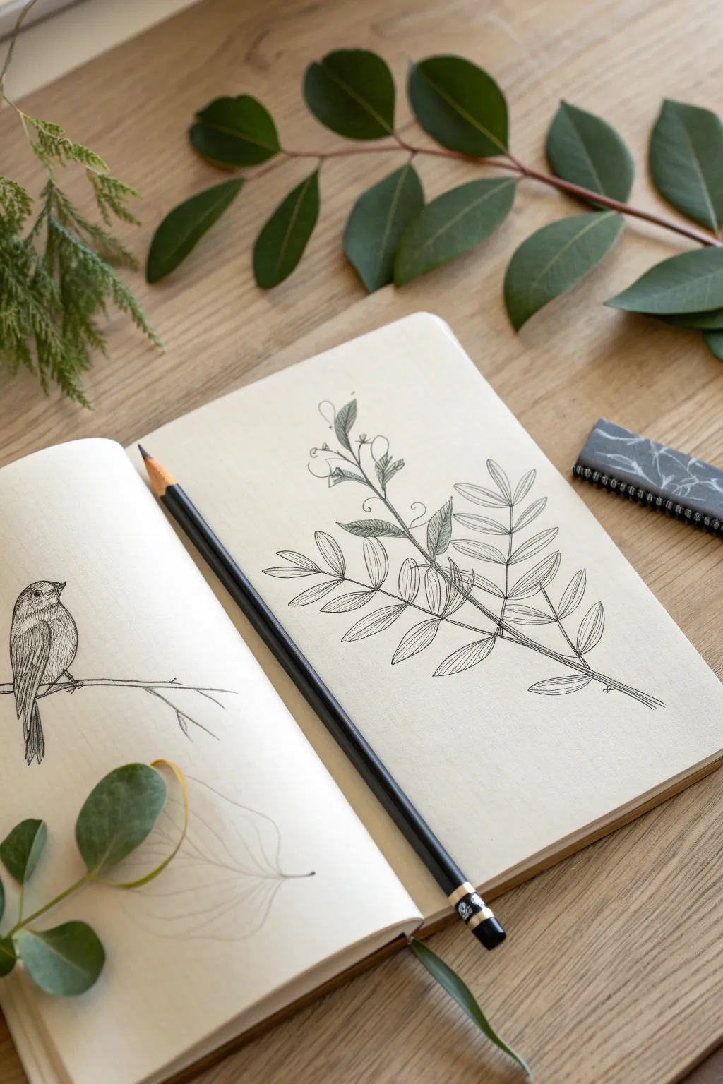 Nature Sketch-Off inspiration: a clean sketchbook page with leaves and a tiny bird to draw