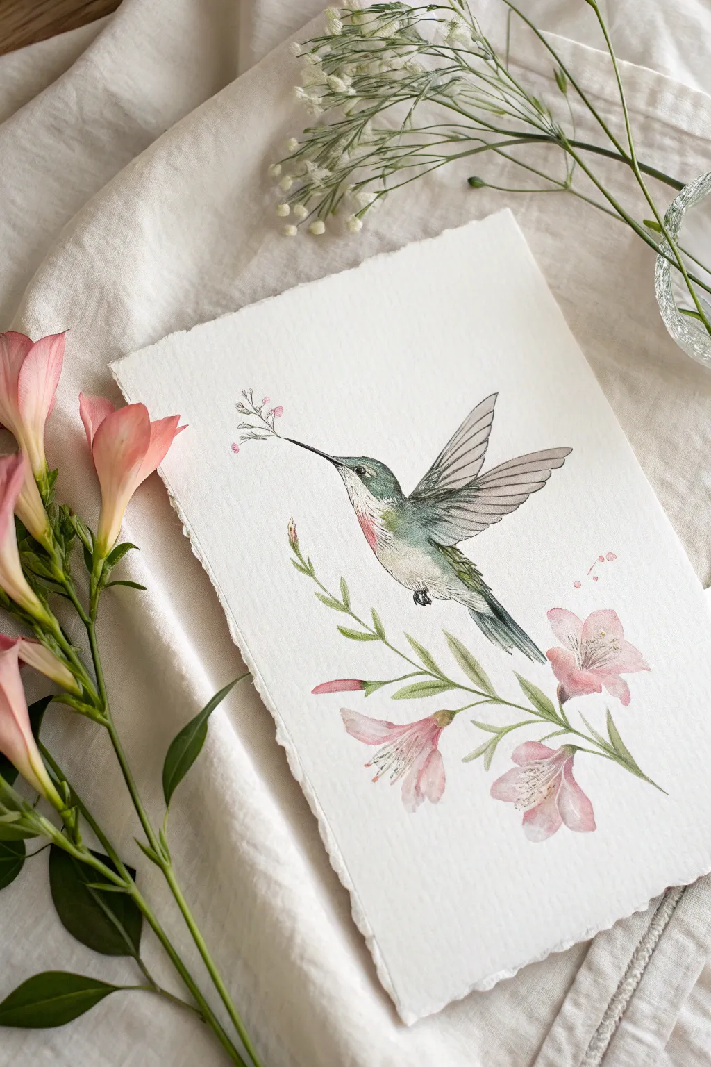 Delicate hummingbird hover study with soft wing blur, minimalist watercolor on bright paper