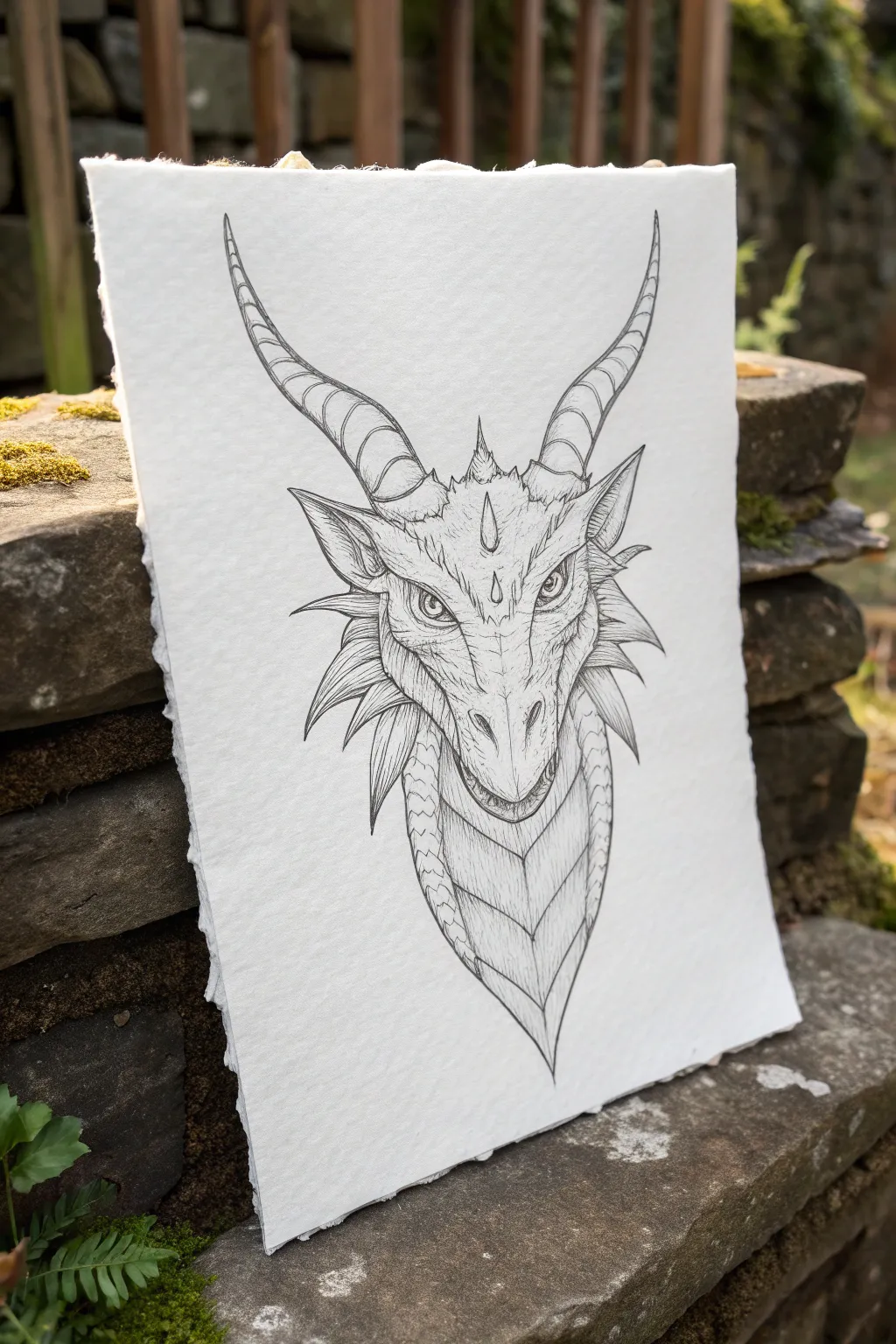 Calm front-view dragon head sketch with symmetry lines and matching horns in clean minimalist style