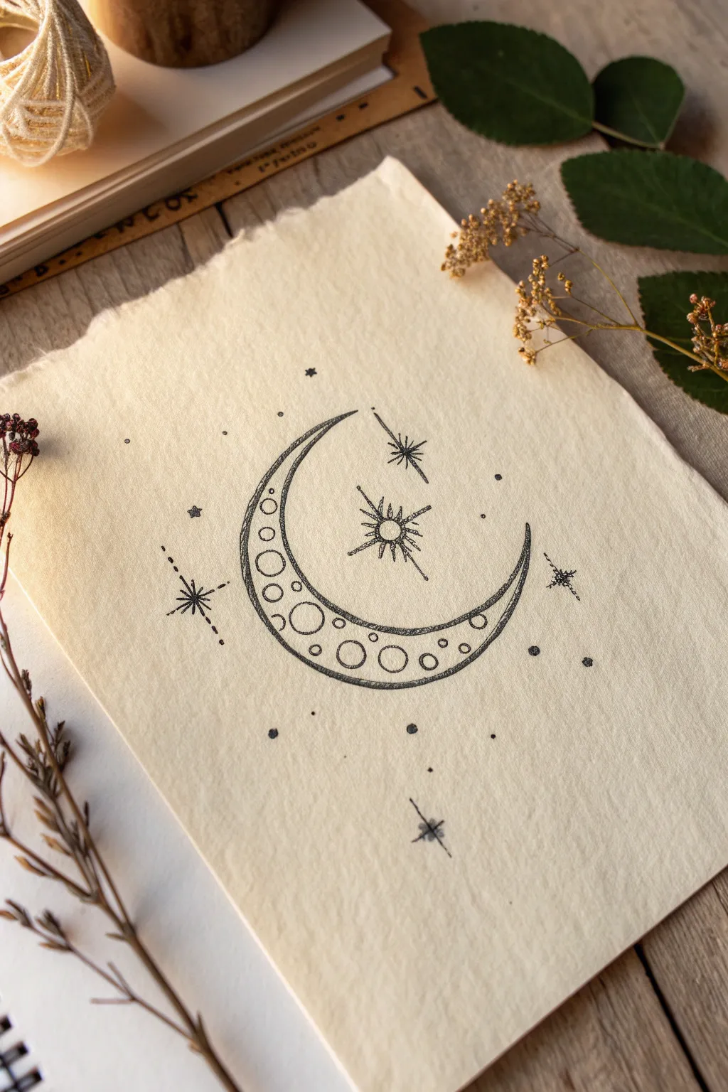 Delicate crescent moon linework with tiny sparkles, a simple small tattoo idea with calm contrast