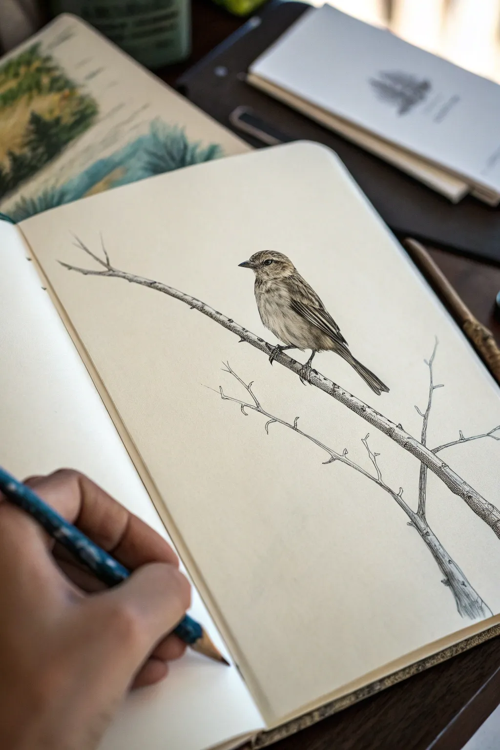 Simple bird-on-branch sketch with easy feather texture strokes, clean lines, and calm contrast.