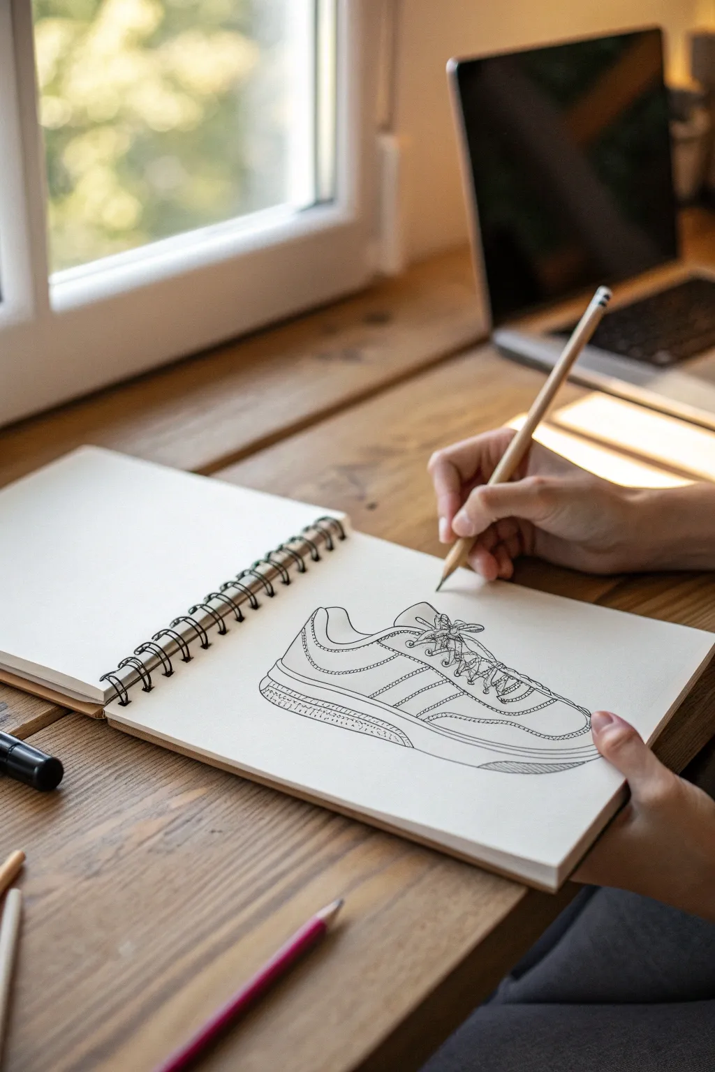 Blind contour line challenge: draw a shoe without looking, embrace lively wiggly lines
