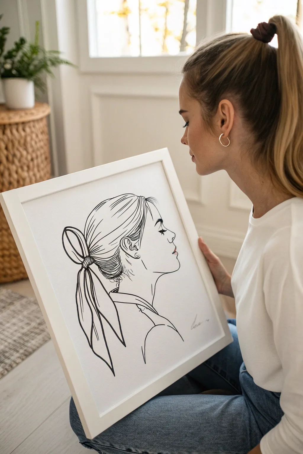 Airy minimalist line art: side profile girl with sleek ponytail and ribbon, modern and calm