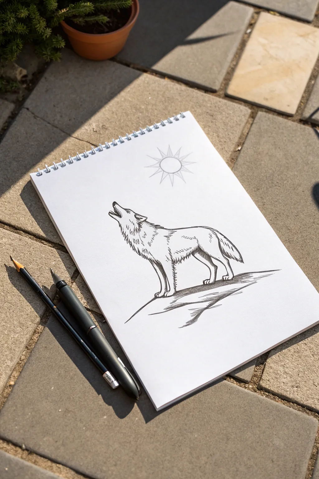 Bold wolf mid-step drawing with simple shadow, perfect for 12-year-old sketch practice.