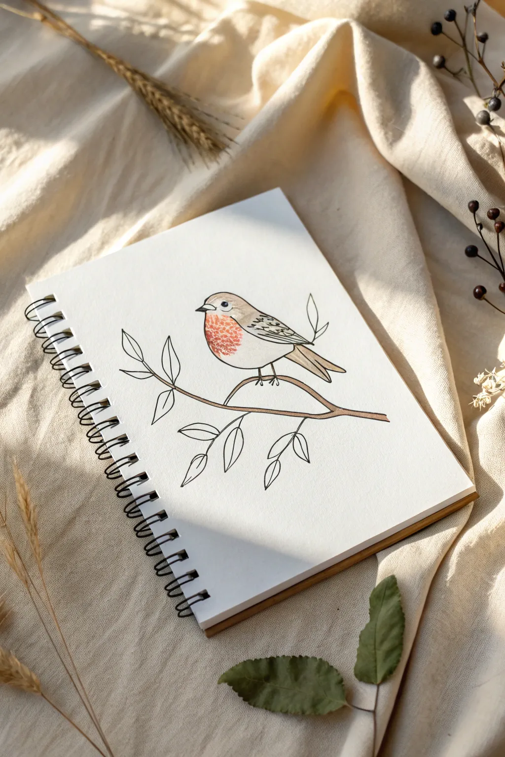 Easy bird on a branch drawing for kids, simple shapes and cozy Scandinavian-boho style.
