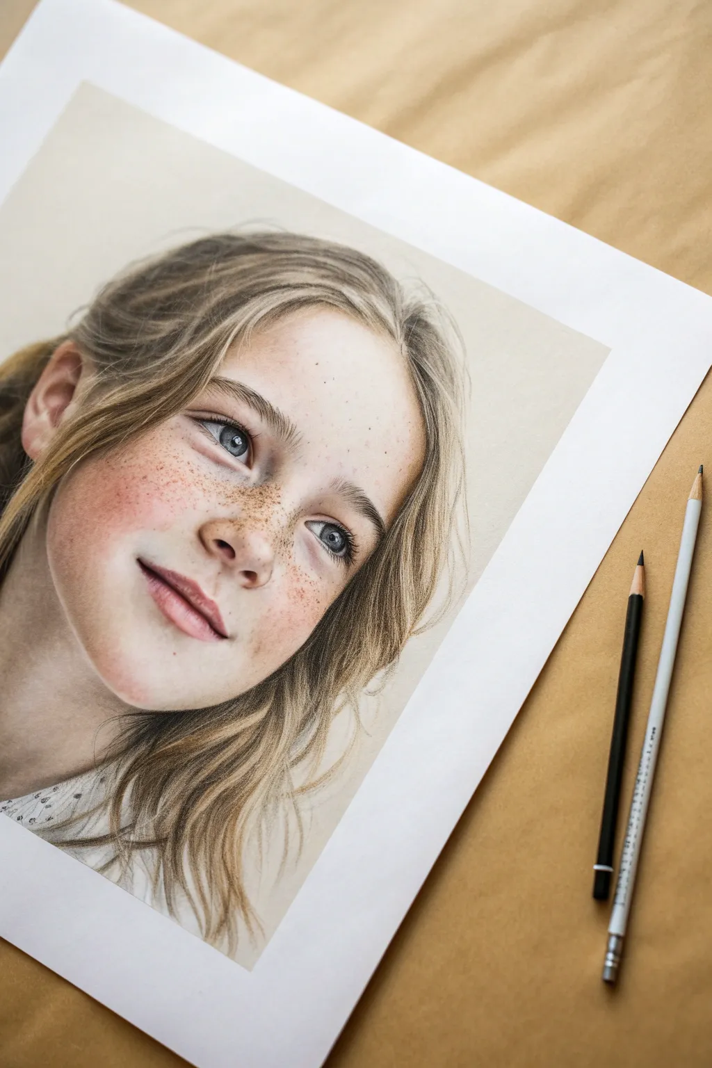 Cute freckled girl sketch with soft blush shading, clean lines, and a relaxed friendly look