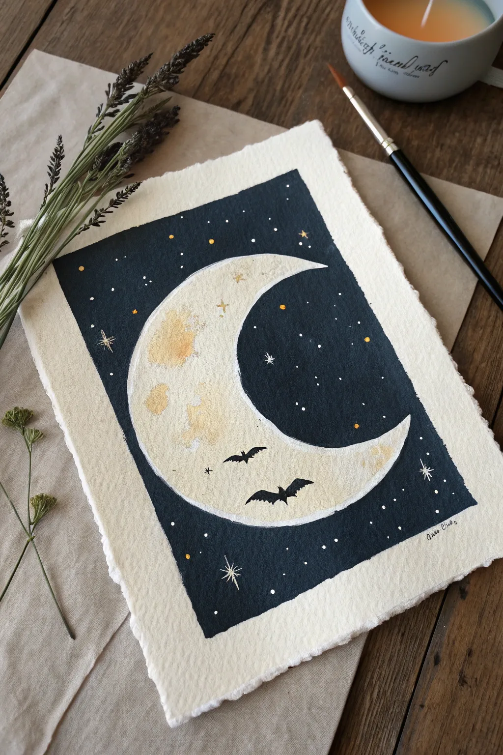 Minimalist Halloween drawing idea: bold crescent moon with crisp bat silhouettes in black ink.