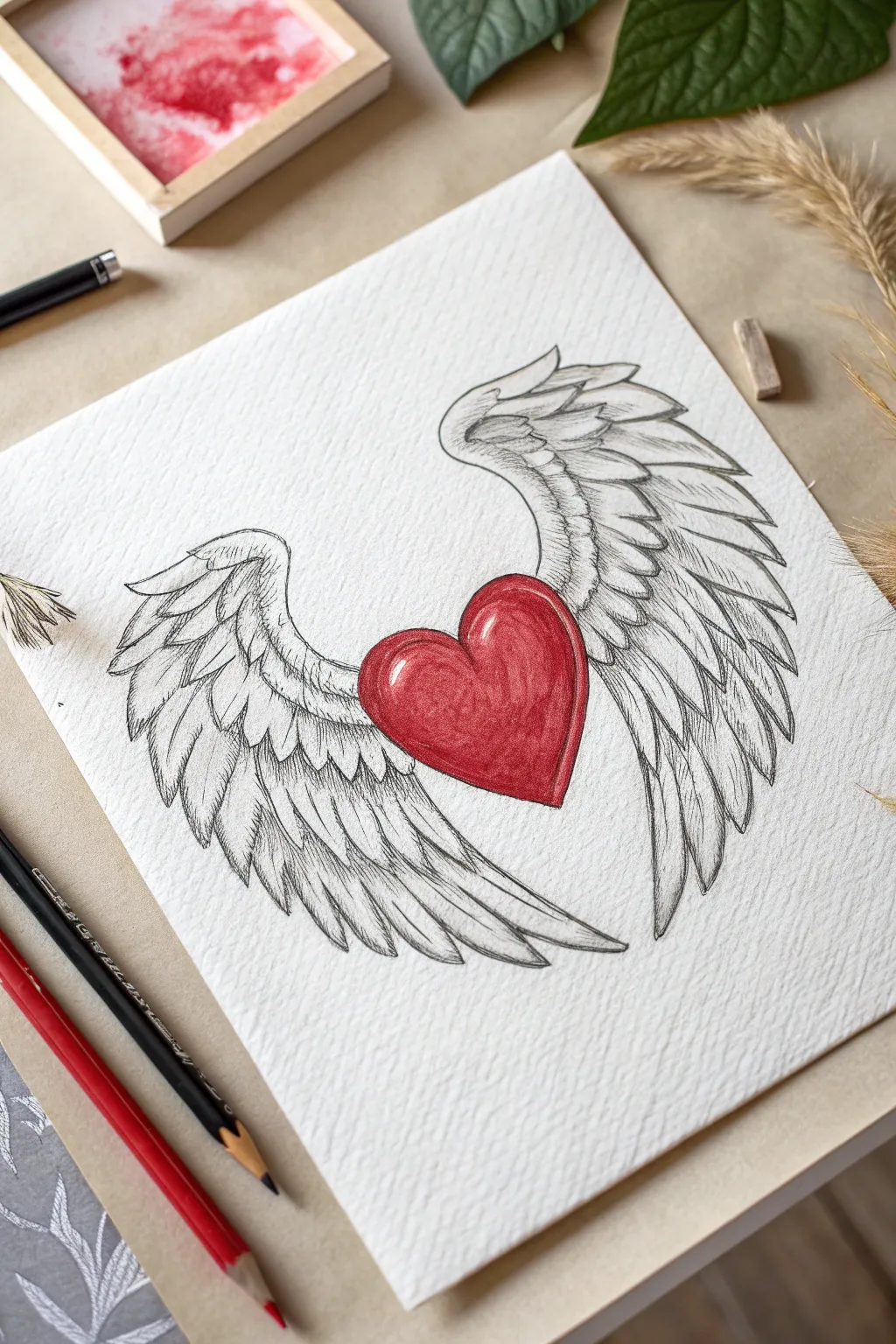 Sketch a symbol of heavenly love with this dreamy heart and wings drawing concept.