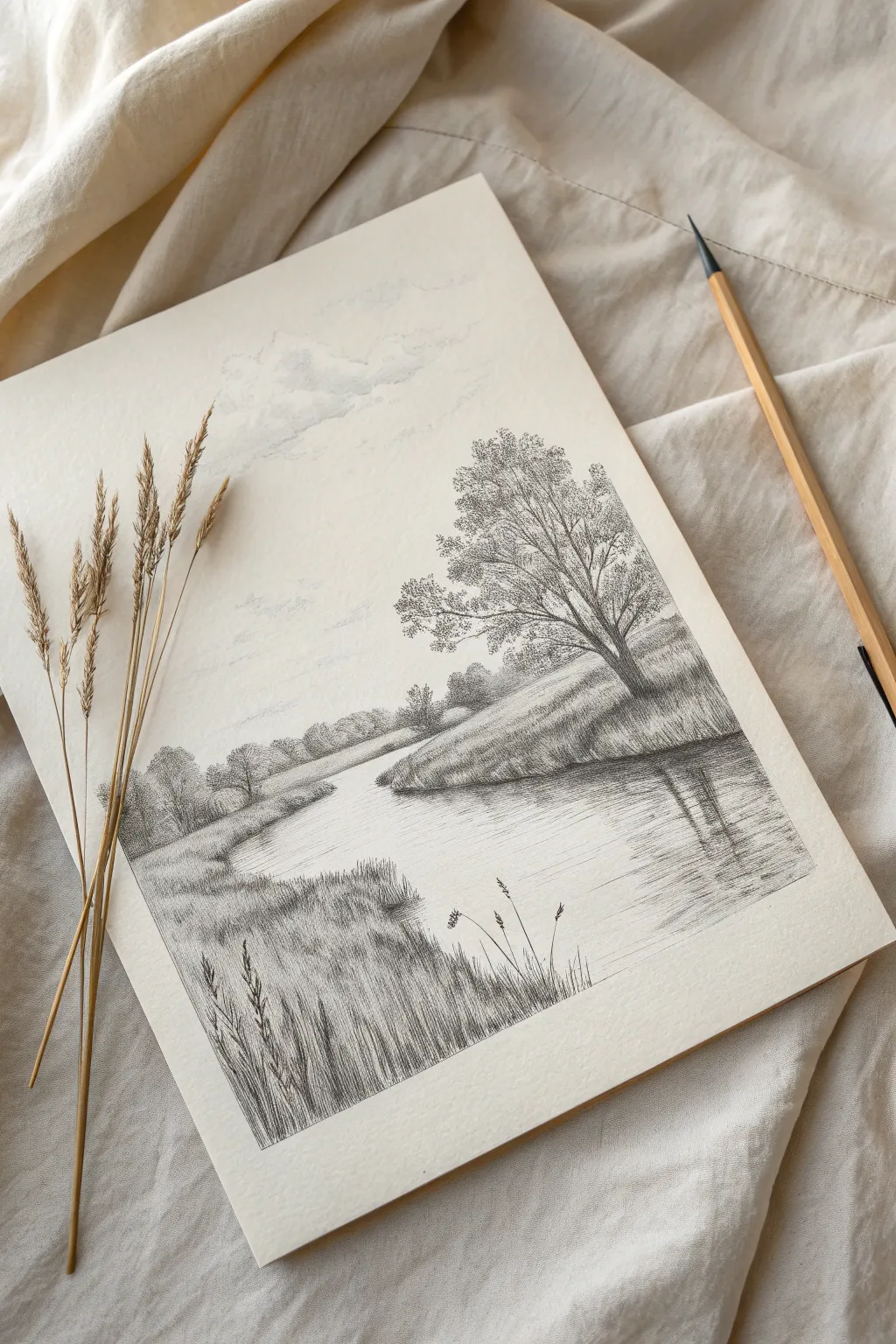 Create a serene riverside sketch with soft reflections using this nature drawing idea.