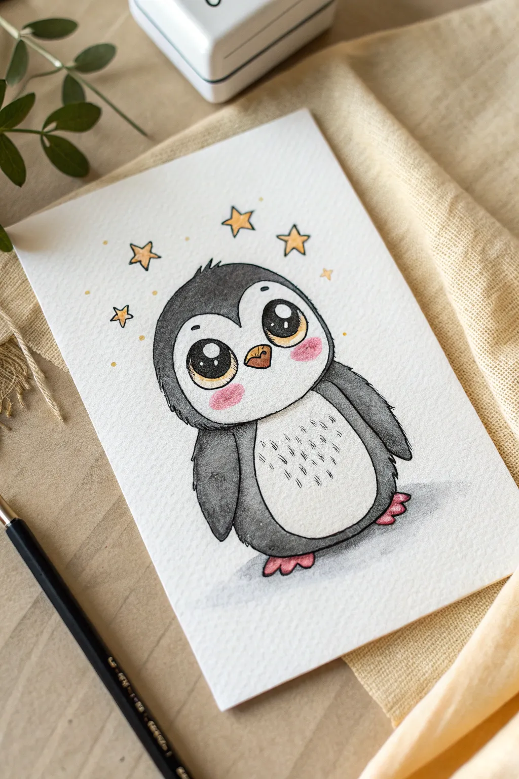 Kawaii penguin with big sparkly eyes and rosy cheeks in a clean Scandinavian minimalist style