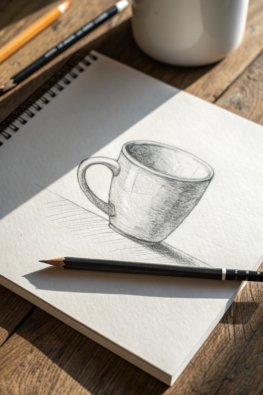 Minimal pencil mug sketch with a long soft cast shadow, perfect for practicing value gradients