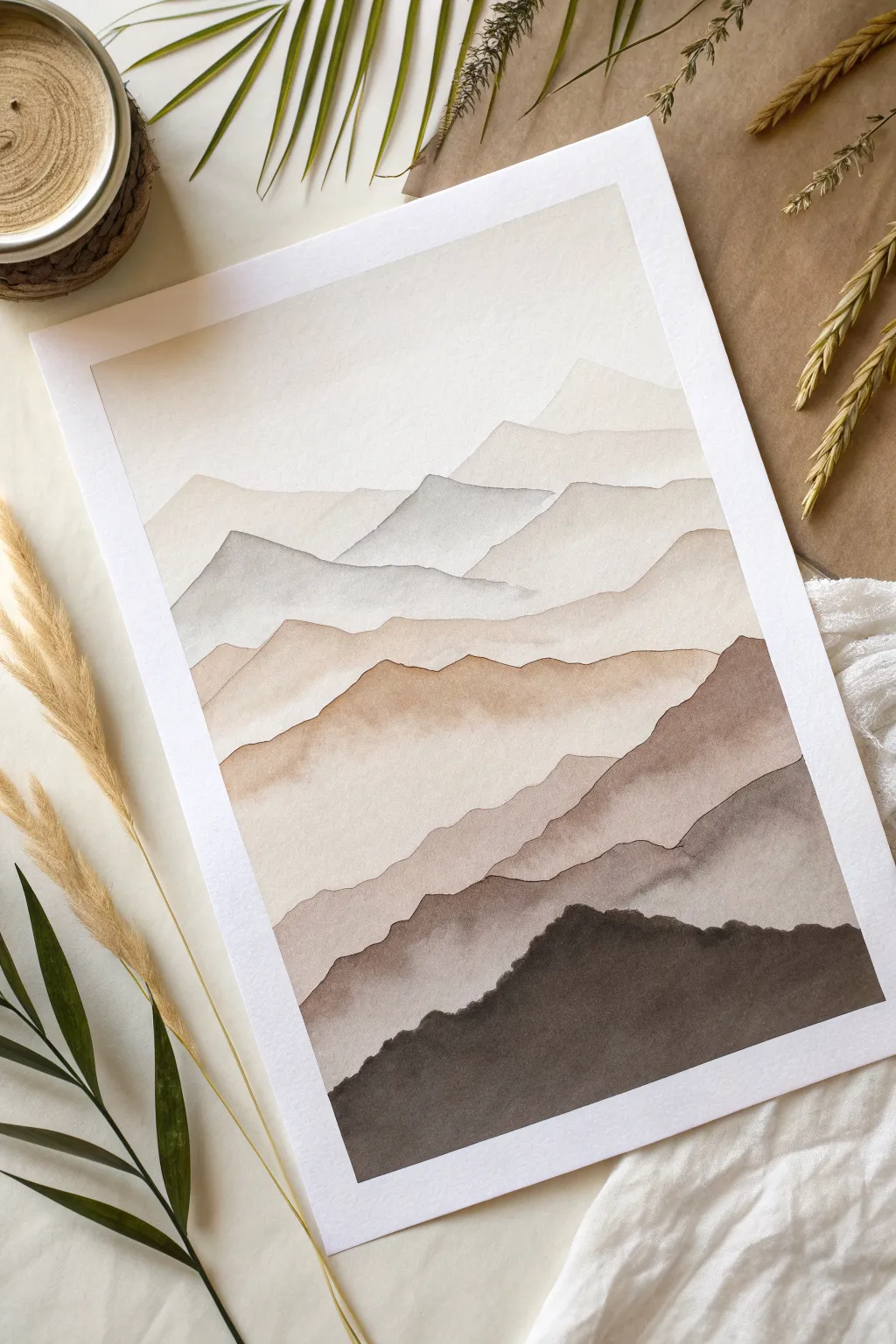Layered mountain silhouettes in soft earthy washes, an easy depth trick for beginner painters.