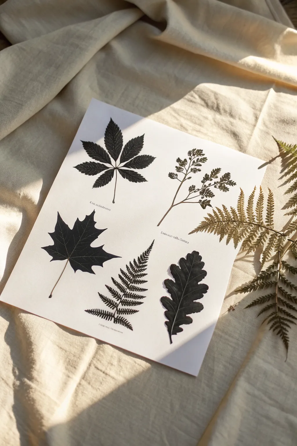 Simple leaf and fern tracing sheet with clean black lines for calm, minimalist sketch practice