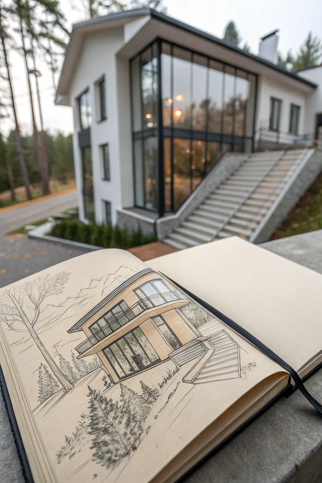 Modern dream house facade sketch with a two-story glass wall and soft minimalist boho warmth