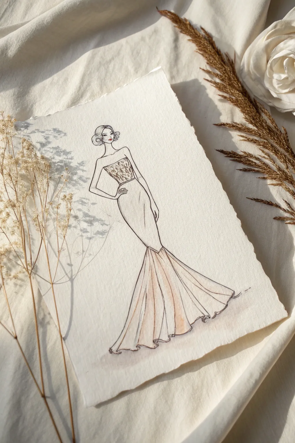 Mermaid silhouette sketch with sculpted curves and a rippling flared hem, clean and elegant.