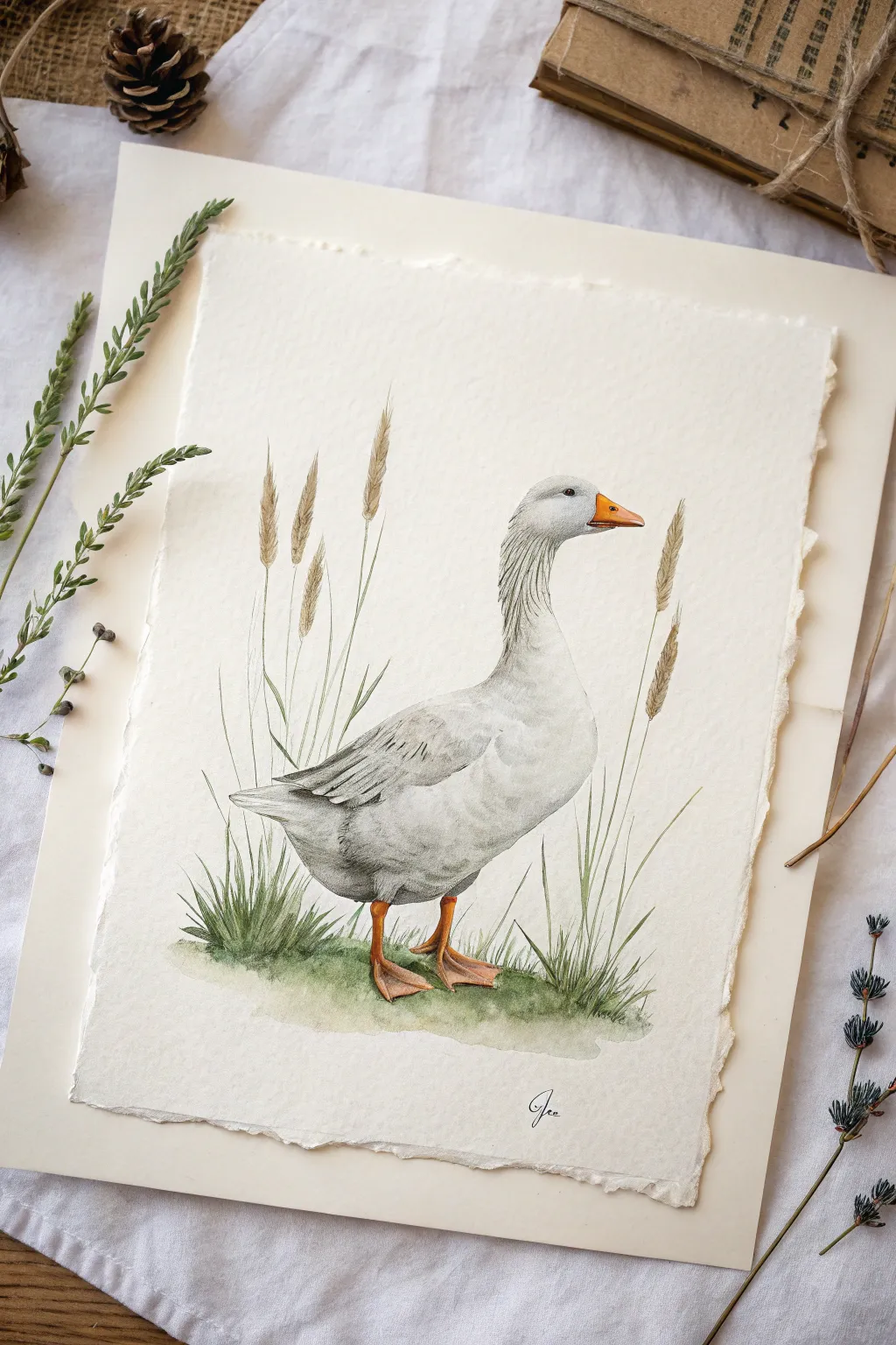 Paint a white duck with gentle gray shadows and an orange bill, set in minimal grass.
