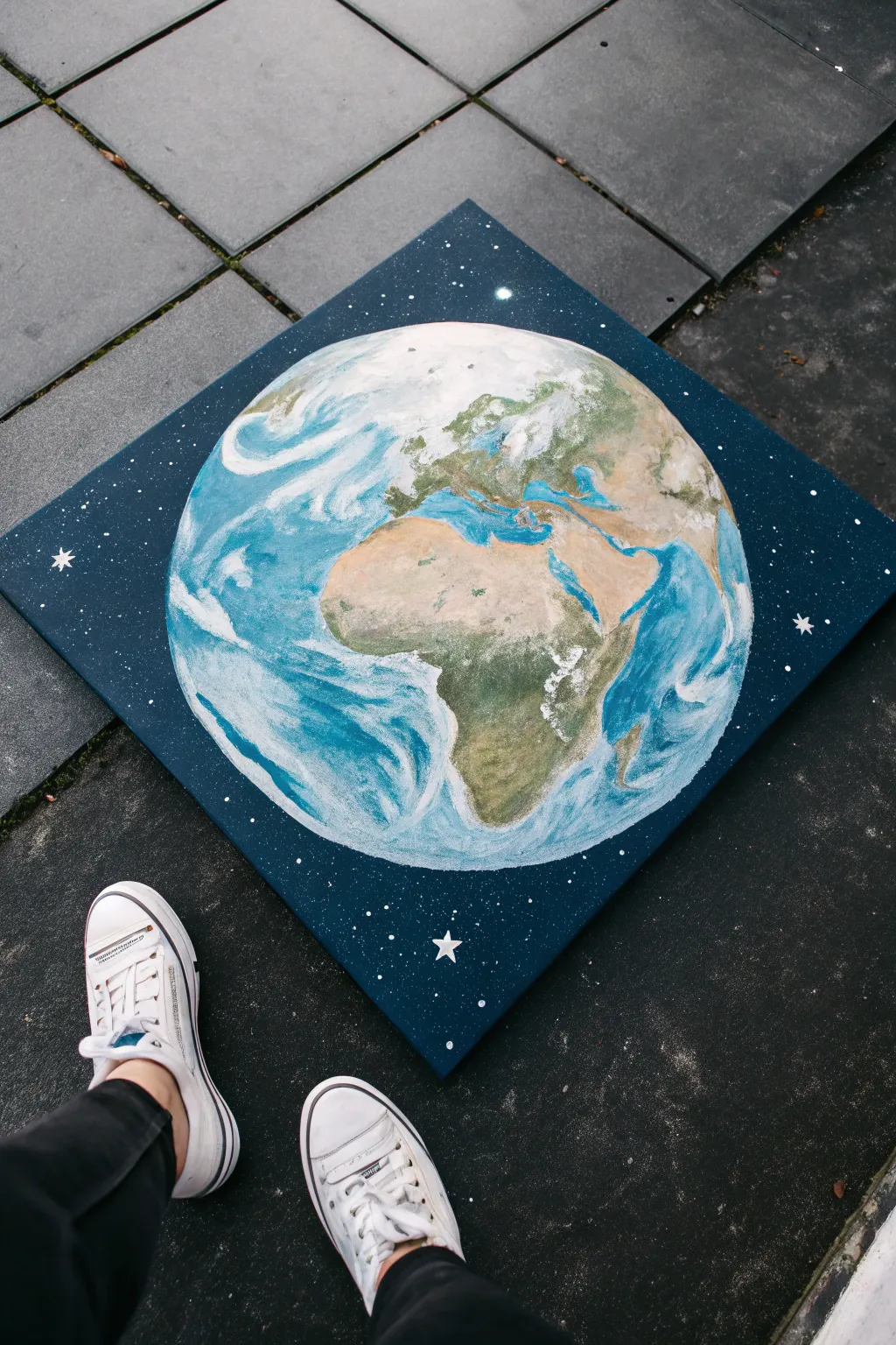 Crisp acrylic Earth with sharp continents on deep night sky, minimal and soothing to paint