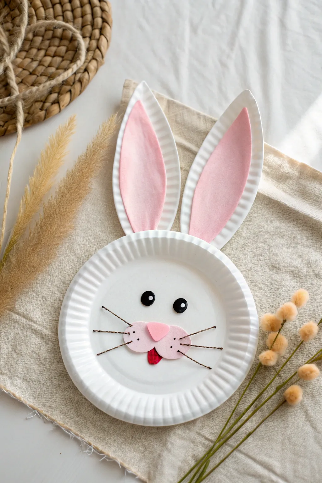 Paper plate bunny face: big ears, chunky whiskers, and a soft pom nose for toddler Easter crafting