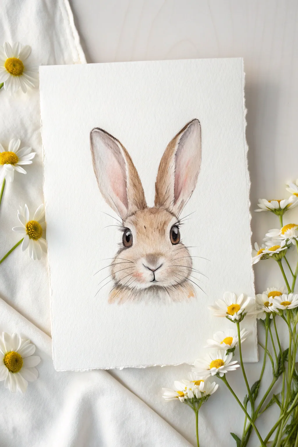Minimal peeking Easter bunny watercolor with tiny spring florals, clean Scandinavian-boho charm
