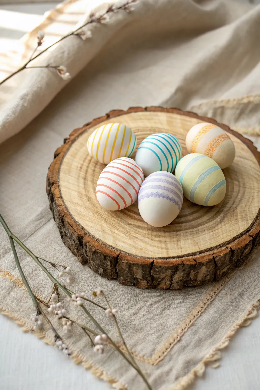 Cheerful striped Easter eggs in bright spring tones, styled simply on a rustic wood slice.