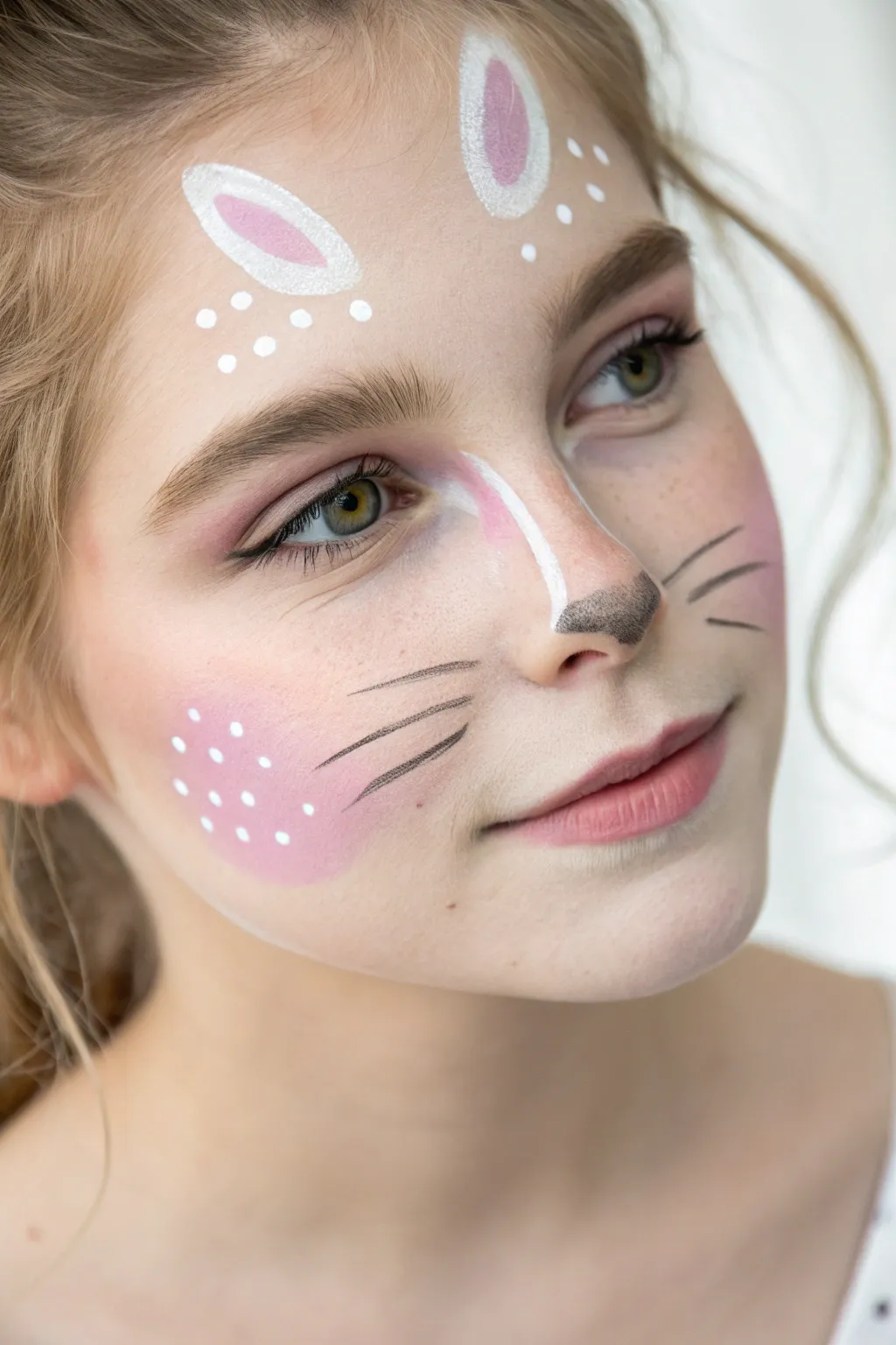 Sweet bunny cheeks face paint with rosy blush and mint-lavender pastels for a spring glow.