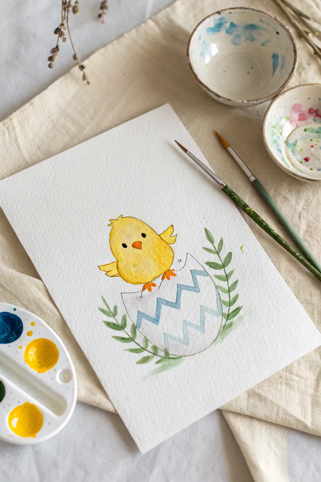 Cute chick hatching from a cracked Easter egg, simple kid-friendly paint idea in pastel tones
