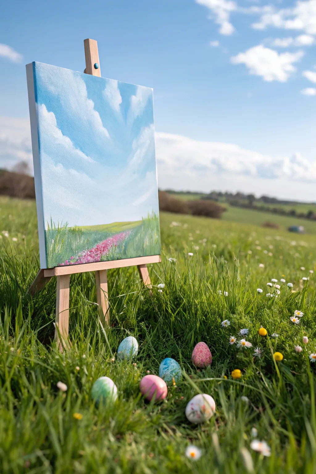 Minimalist canvas painting of a spring meadow egg hunt with bright sky and hidden eggs