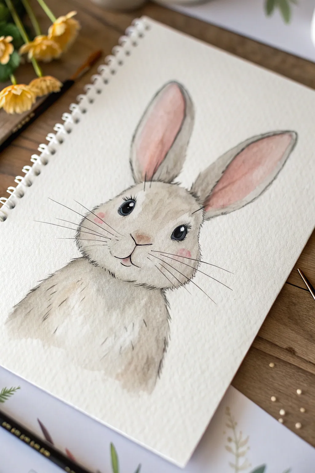 Sweet minimalist bunny face watercolor with rosy cheeks, perfect for an Easter card look
