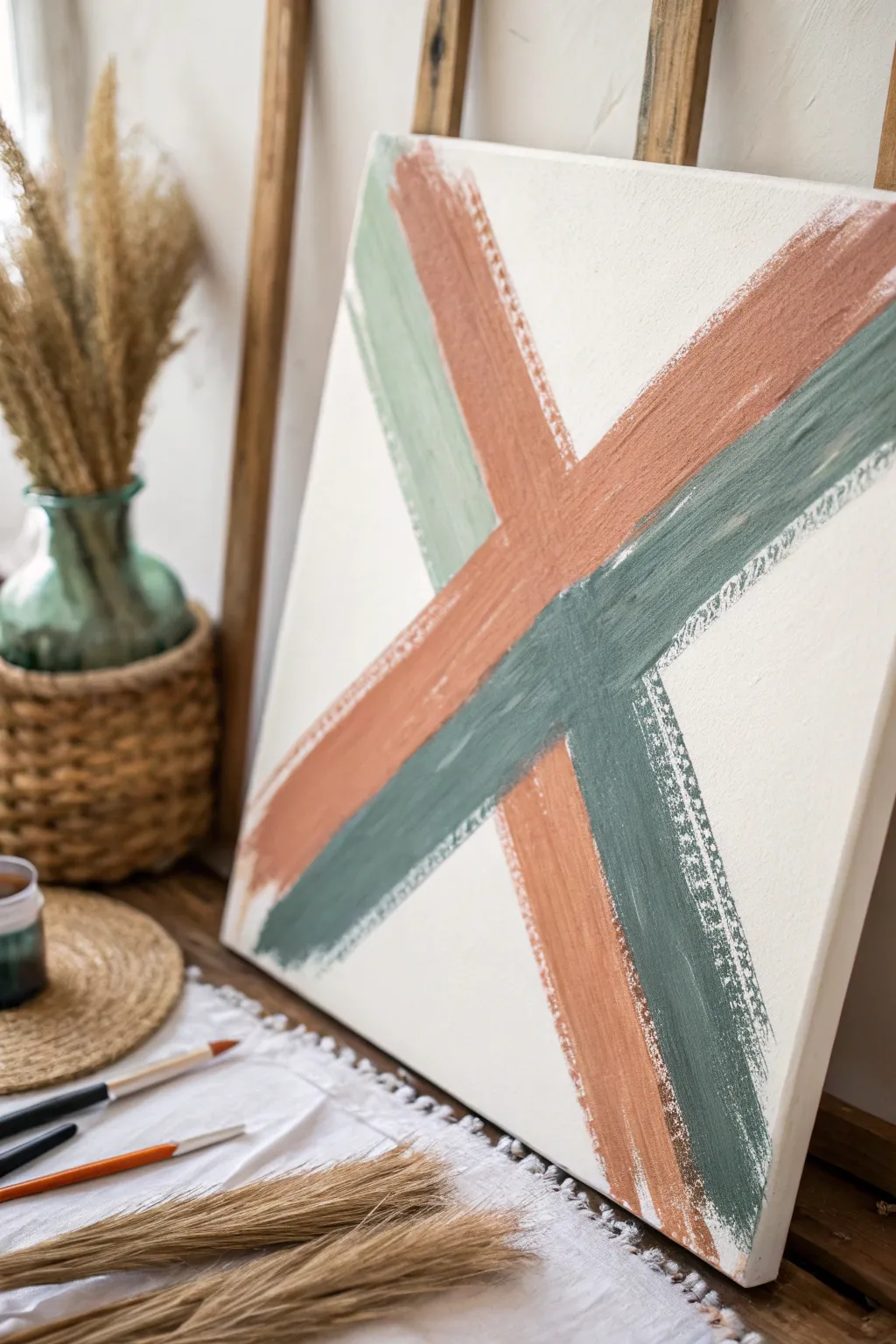 Minimal X brushstroke abstract in earthy tones, close-up texture on a calm neutral canvas
