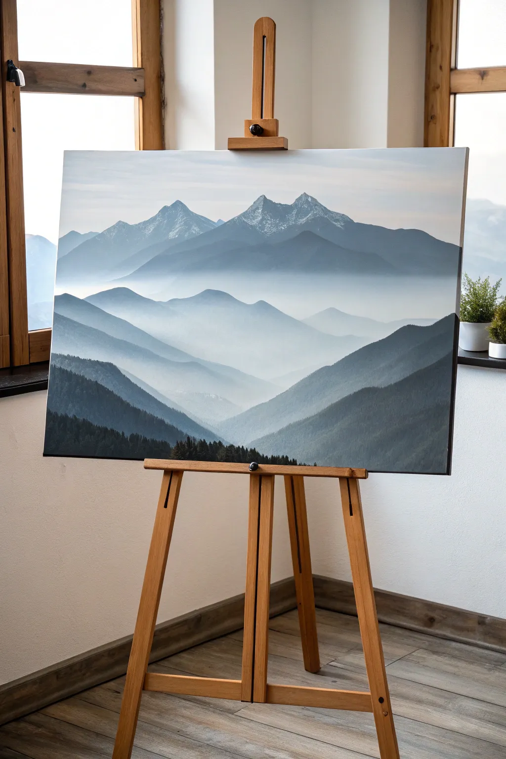 Minimalist acrylic layered mountains with a soft mist band, high contrast and calming boho neutrals