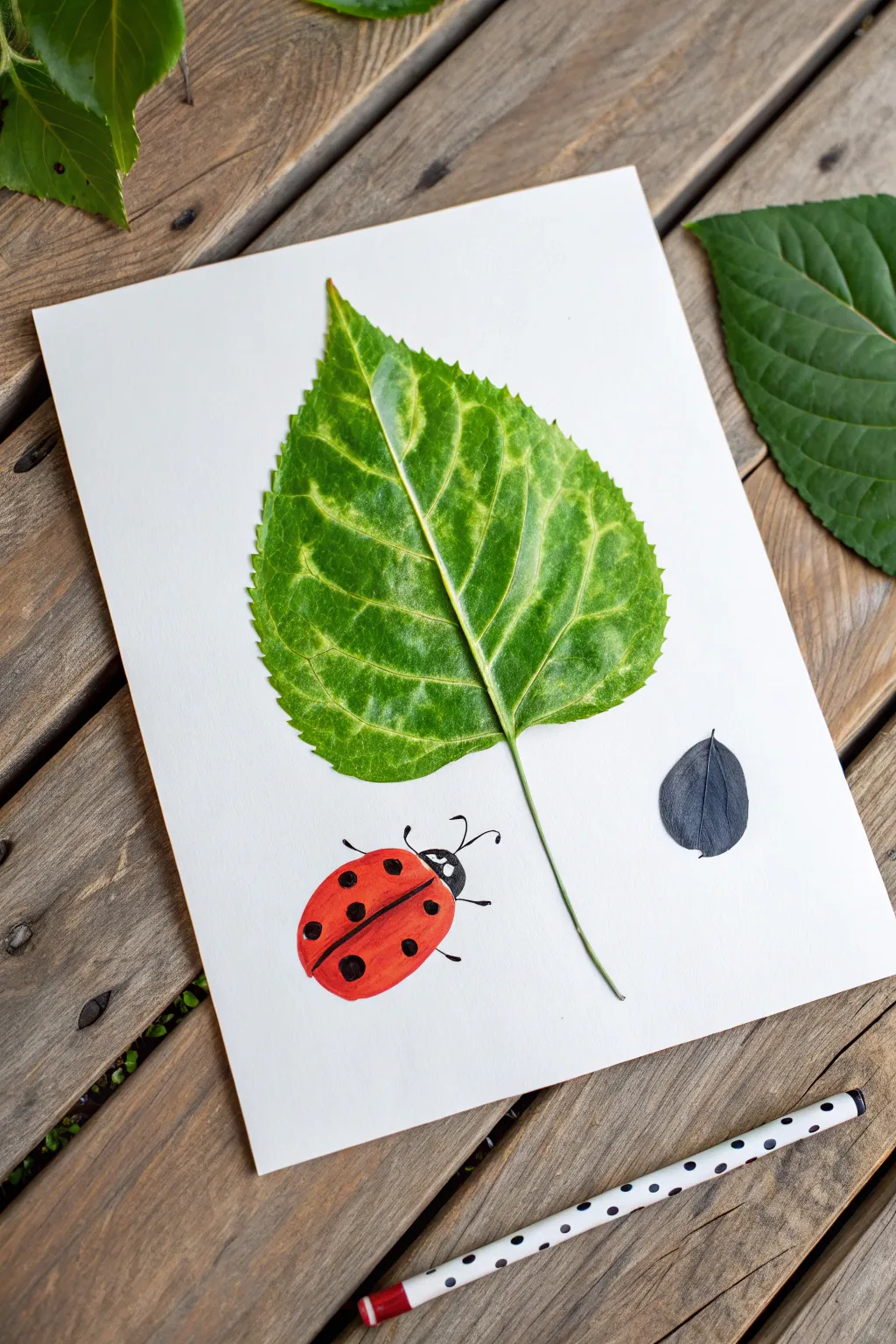 Cute kid friendly acrylic ladybug on a big green leaf, simple shapes and bold contrast.
