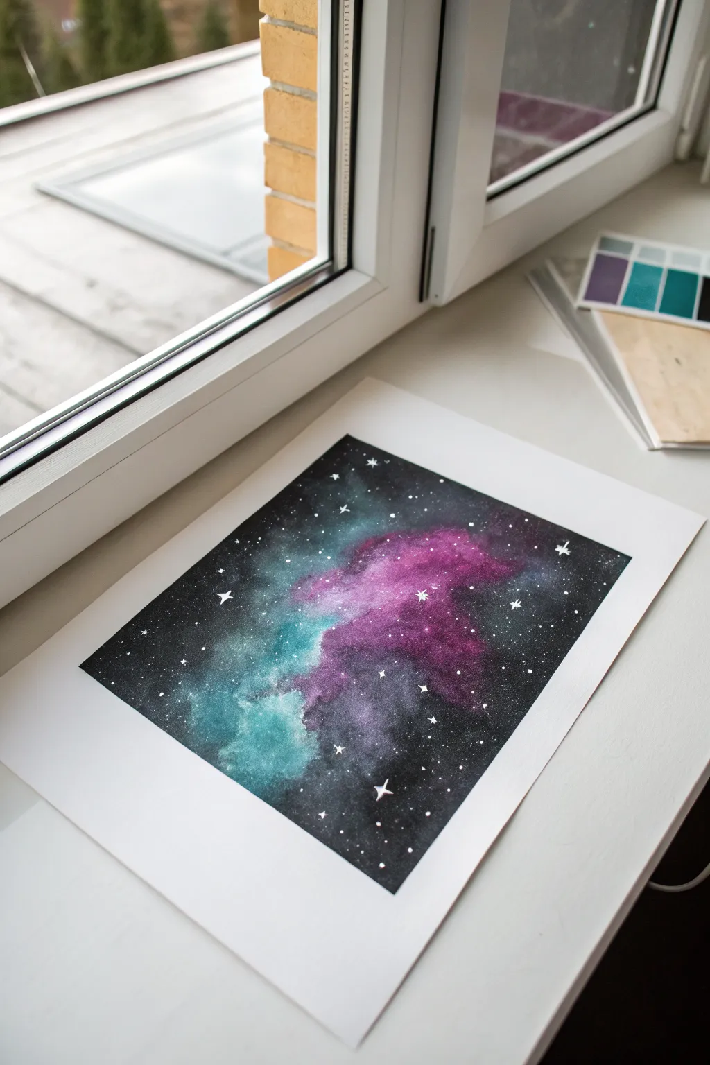 Easy airbrush galaxy: purple and teal nebula clouds with a soft glow and delicate star speckles