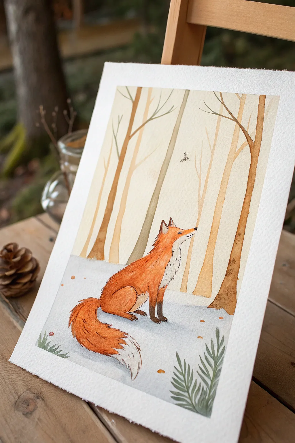 Bright orange fox in a minimalist forest clearing, warm tones and simple brushwork