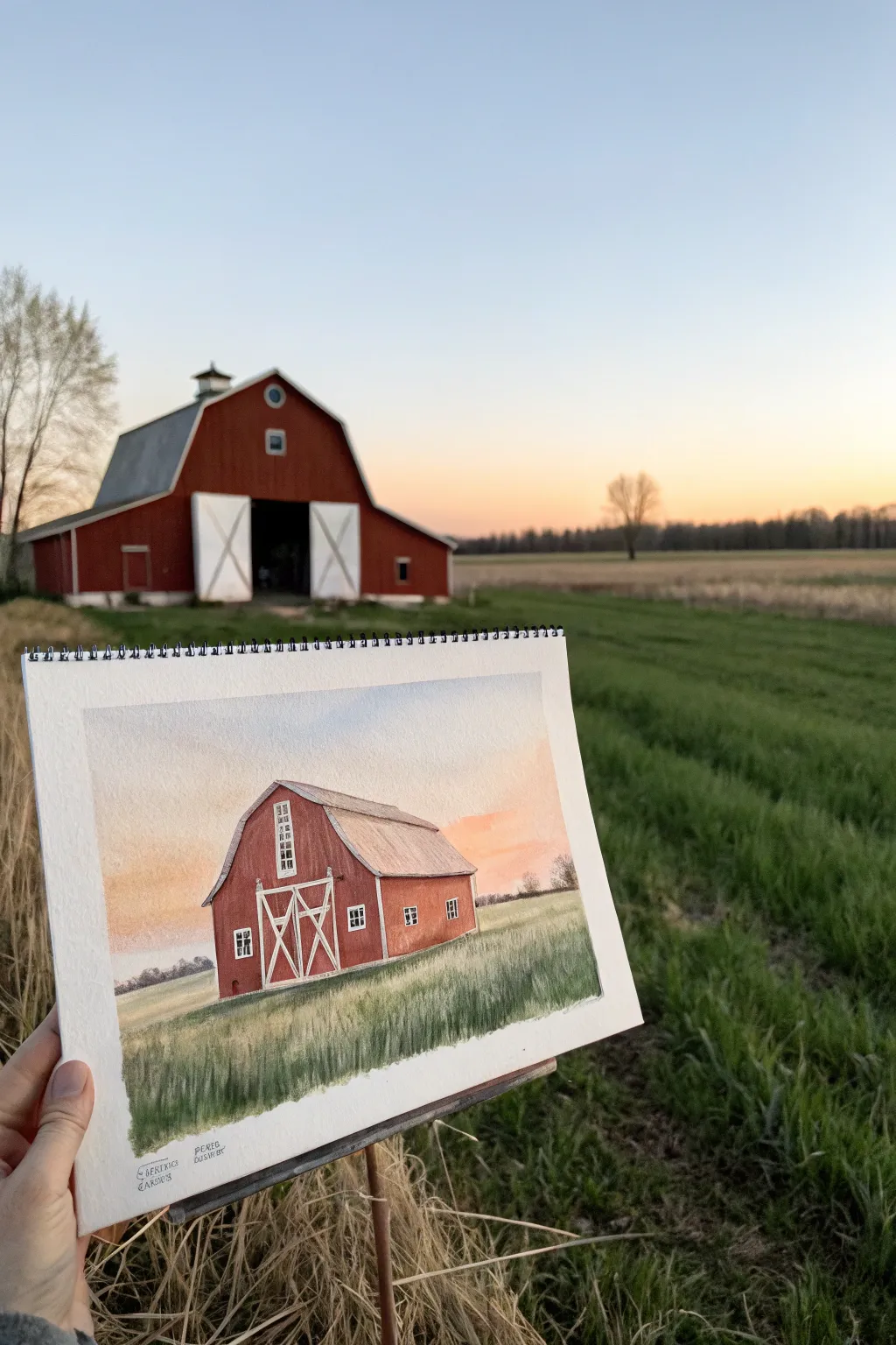 Easy barn painting layout: off-center barn, rule-of-thirds horizon, faint sketch grid for guidance.