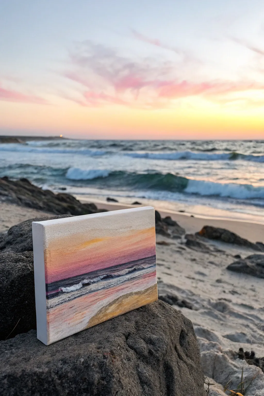 Warm sunset bands with one dark ocean strip for an easy, modern beach painting idea