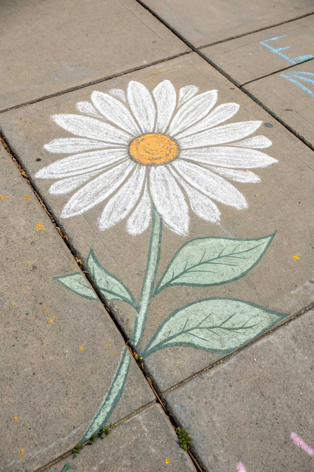 Easy beginner sidewalk chalk daisy in one square slab, bright petals and sunny center