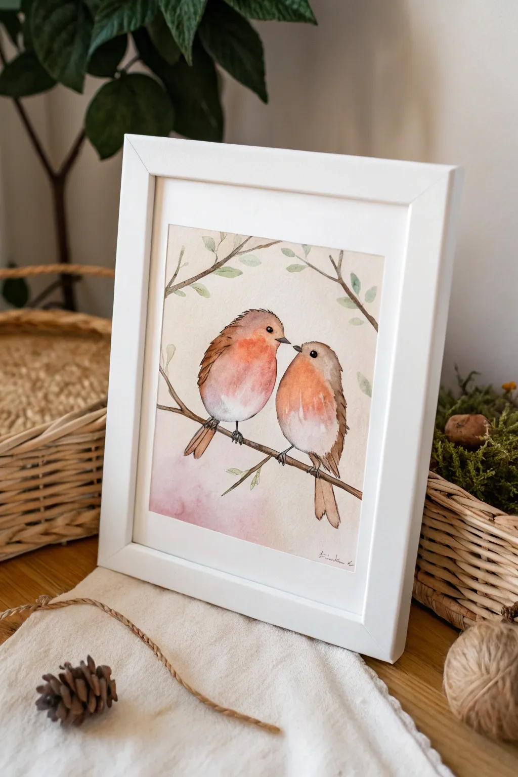 Simple watercolor lovebirds on one branch with a soft pastel wash and minimal leafy accents
